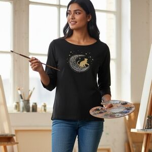 Karen Scott Black Top with Cat and Stars Design